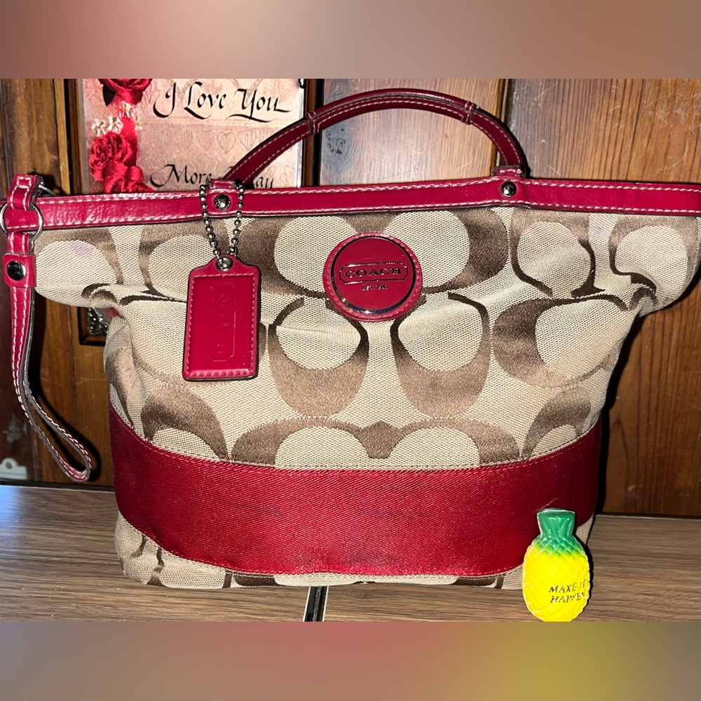 Coach Beige Signature Canvas Tote with Red Trim